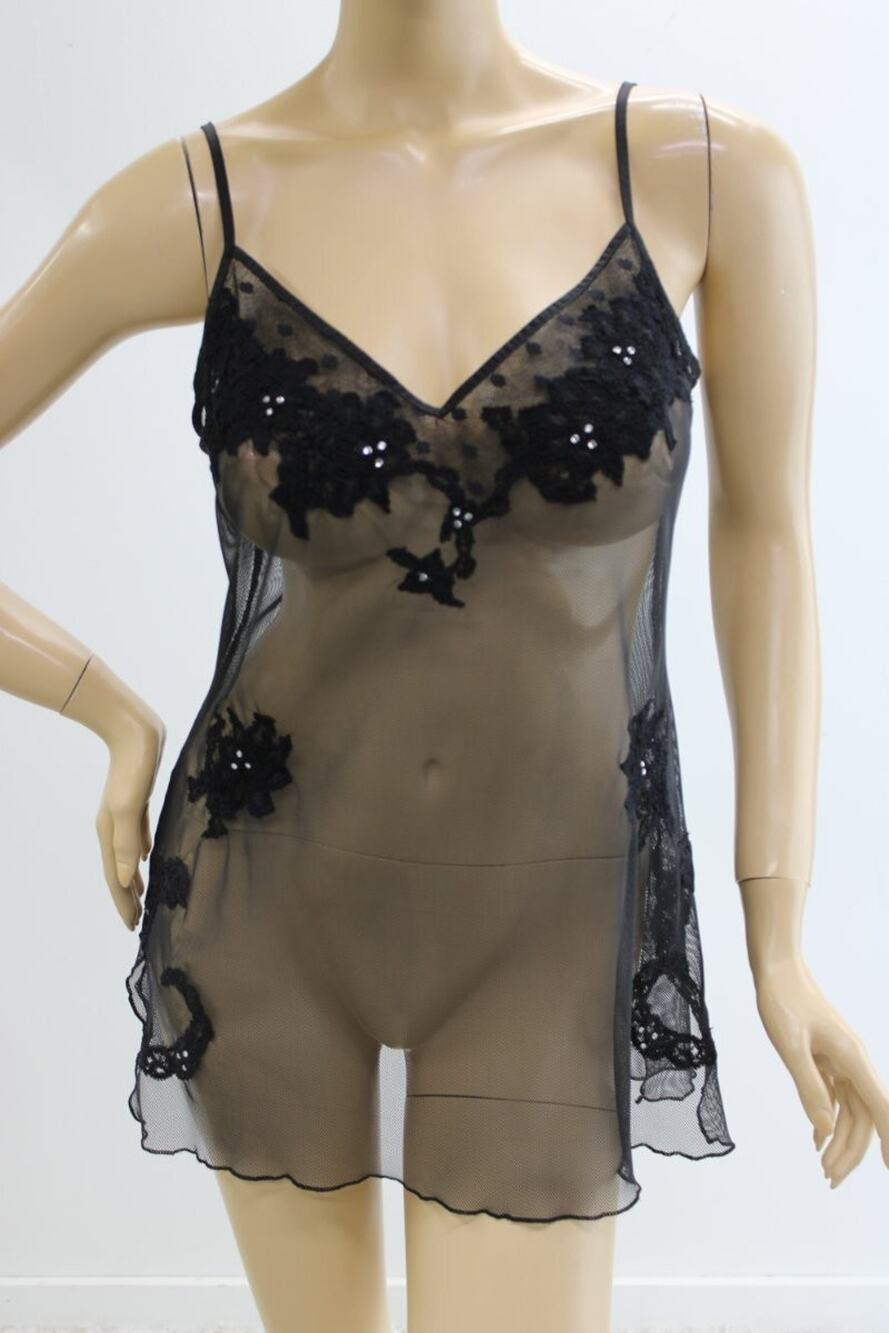 Y2K Victoria's Secret Black Mesh Lace Nightie Large Nylon Silk Dark Romantic